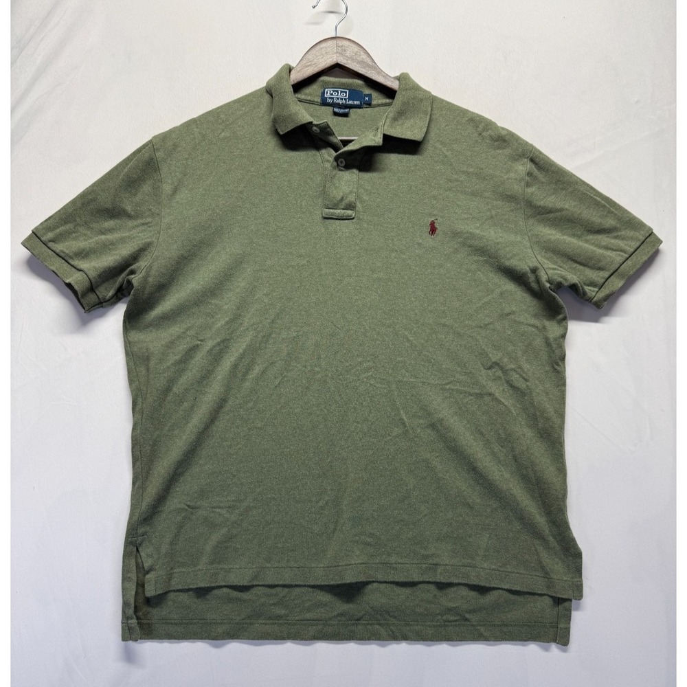 Polo Ralph Lauren Polo Shirt Men Medium Olive Green Cotton Hi‎ Low Hem Side Slit